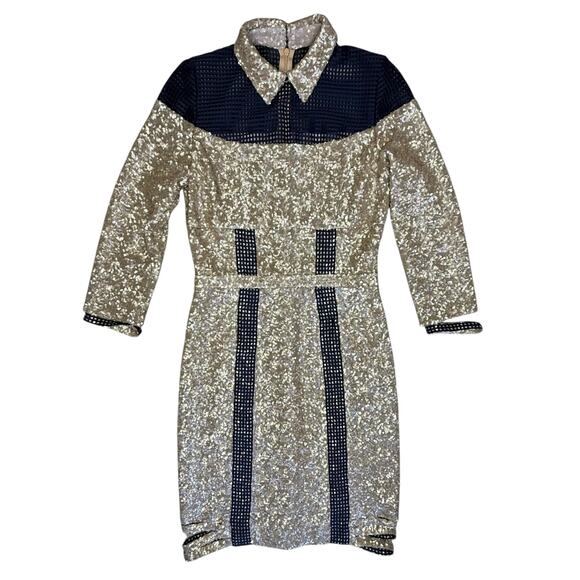 Jinhoy Gold Line Bodycon Sequin Navy Mesh Strap Dress XS - Picture 12 of 15